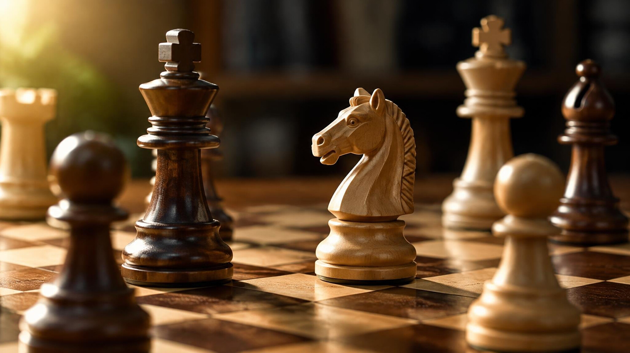 Close-up of chess pieces on a board representing strategic decisions