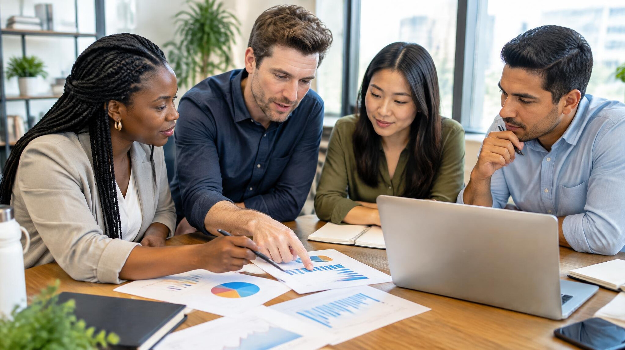 Team of executives collaborating around a table with charts and a laptop