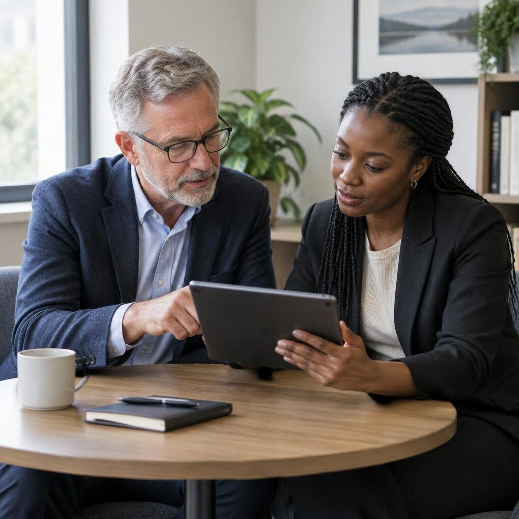 Mentor discussing with an executive using a tablet