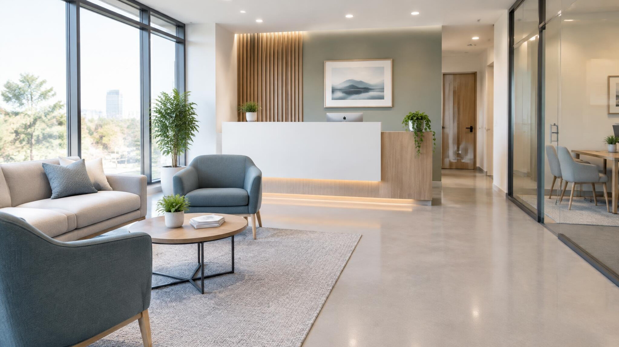 Reception area of a modern office used for consultations