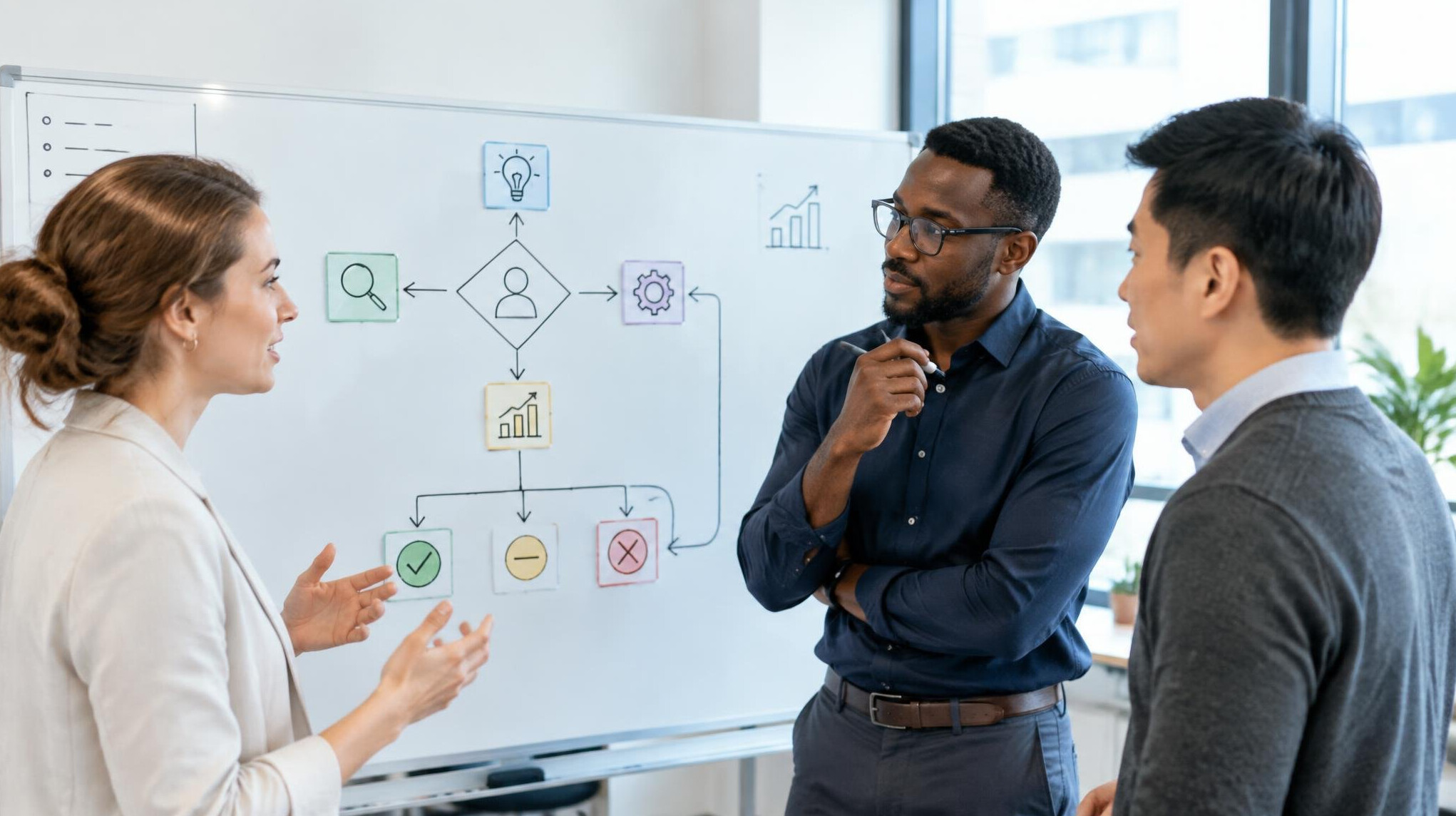 Executives planning strategy at a whiteboard