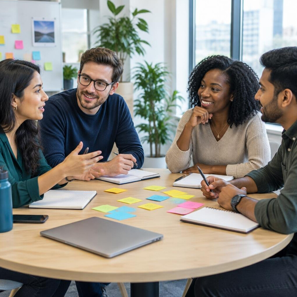 Diverse team of professionals brainstorming around a table