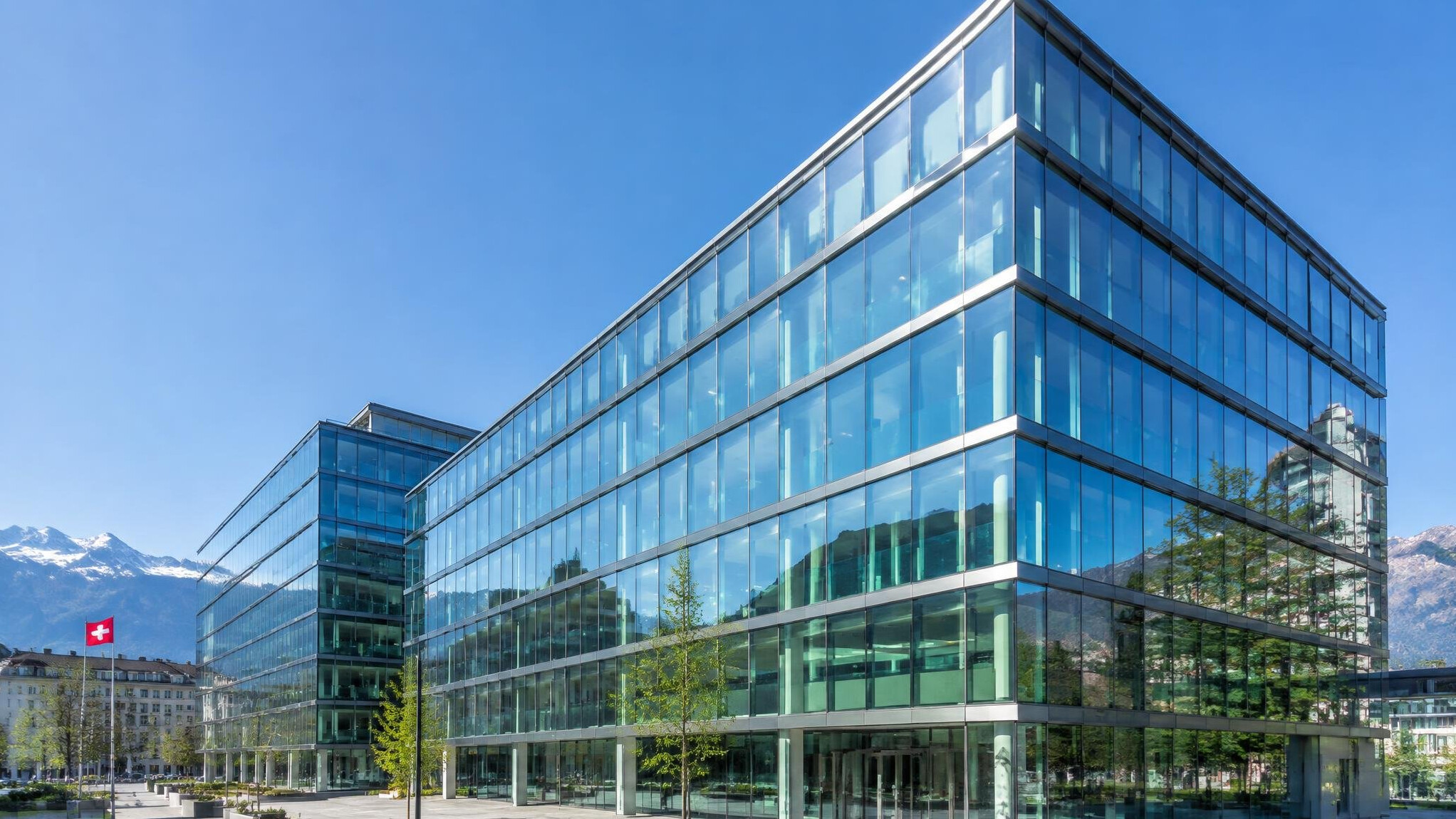 Modern office building exterior in a Swiss city